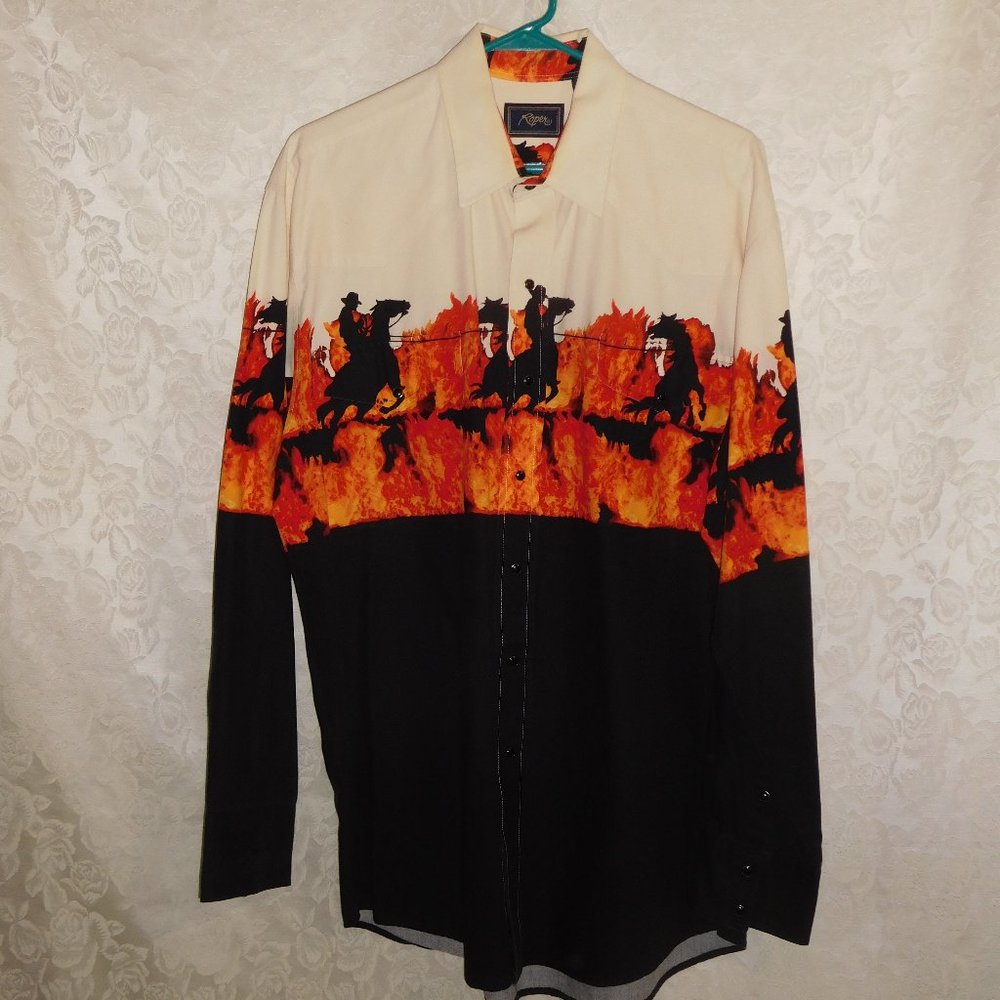 ROPER western graphic cowboy shirt, horse & fire